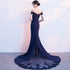 Beautiful Navy Blue Mermaid Lace Long Party Dress, Off Shoulder Evening Dress