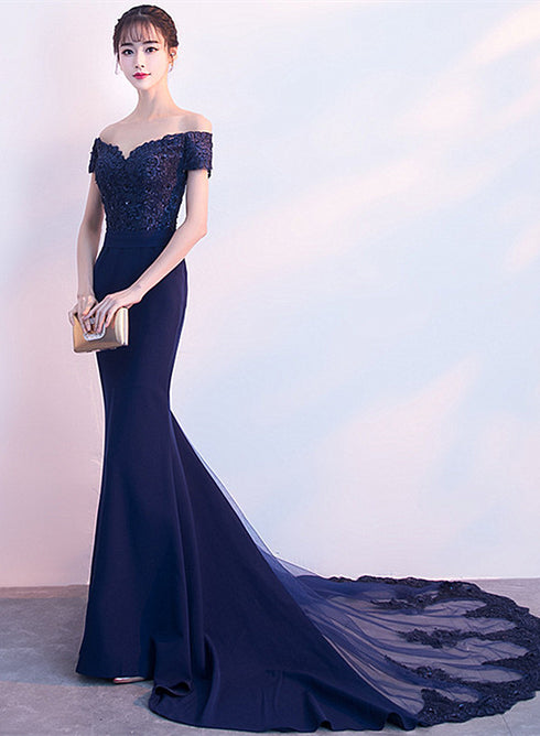 Beautiful Navy Blue Mermaid Lace Long Party Dress, Off Shoulder Evening Dress