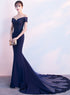 Beautiful Navy Blue Mermaid Lace Long Party Dress, Off Shoulder Evening Dress