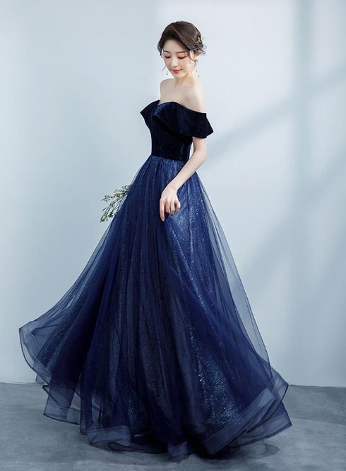 Navy Blue Off Shoulder Velvet Sweetheart Party Dress, Shiny Tulle Long Prom Dress Party Dress