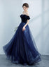 Navy Blue Off Shoulder Velvet Sweetheart Party Dress, Shiny Tulle Long Prom Dress Party Dress