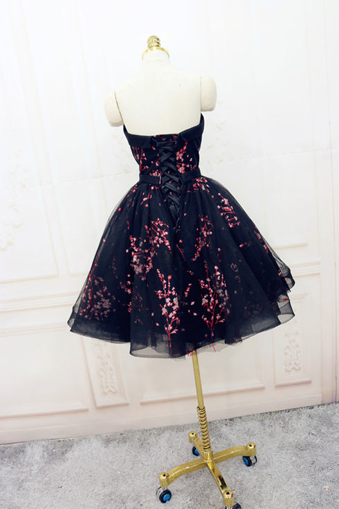 Simple Short Black Tulle Party Dress with Floral, Lovely Short Prom Dress