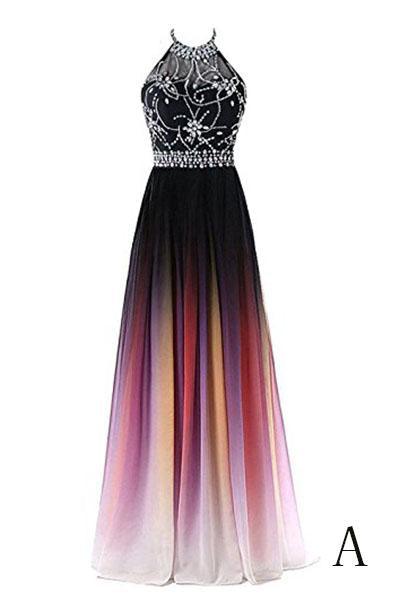 Beautiful Gradient Beaded A-line Party Gown, Long Junior Prom Dress