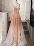 Pink Beaded Tulle Beautiful Prom Dress Evening Dress, Straps Gradient Party Dresses