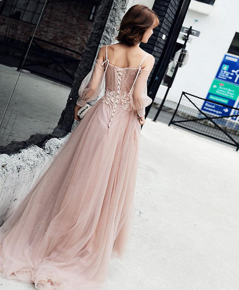 Light Pink Long Sleeves Tulle Formal Dress, Pink A-line Prom Dress Evening Gown