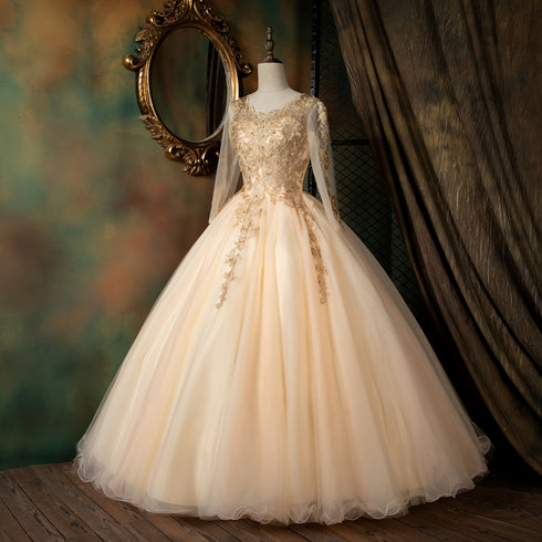 Beautiful Pearl Pink Long Sleeves Formal Dress with Lace Applique, Pink Formal Gown