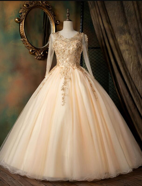 Beautiful Pearl Pink Long Sleeves Formal Dress with Lace Applique, Pink Formal Gown