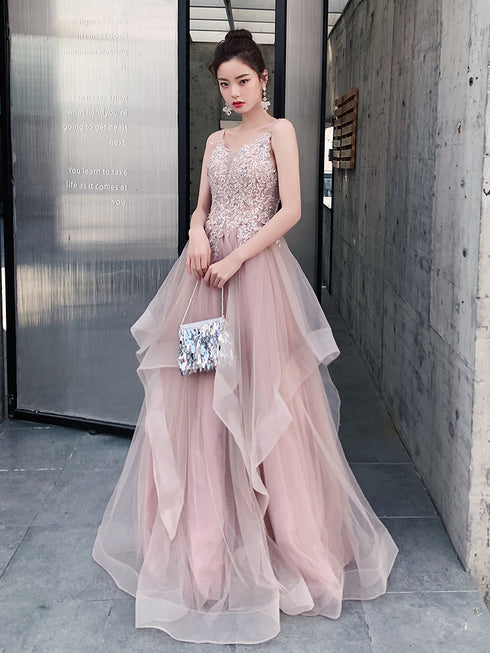 Pink Layers Tulle V-neckline Straps Prom Dress, Pink Tulle Prom Dress