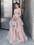 Pink Layers Tulle V-neckline Straps Prom Dress, Pink Tulle Prom Dress
