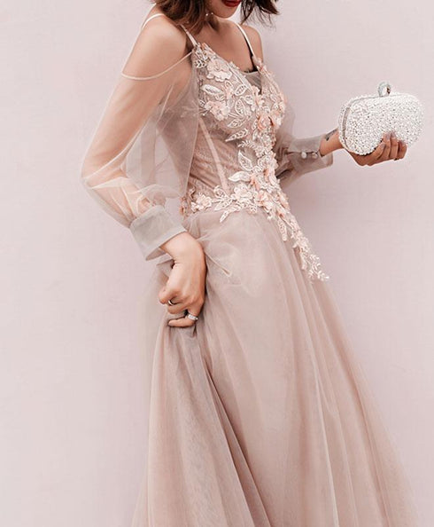 Light Pink Long Sleeves Tulle Formal Dress, Pink A-line Prom Dress Evening Gown