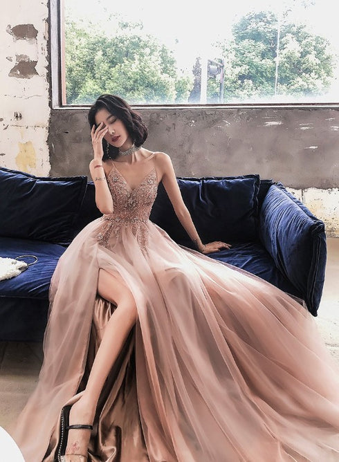 V-neckline Pink Beaded Tulle High Slit Straps Formal Dress, Pink Tulle Party Dress Prom Dress