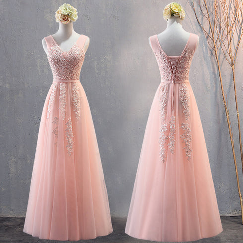 Charming Pearl Pink Tulle Simple Party Dress with Lace, V-neckline Long Formal Dress