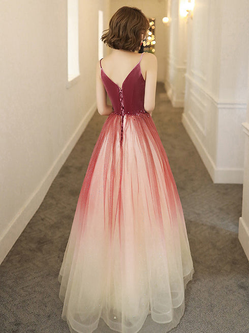 Lovely Pink Gradient Velvet Top Long Evening Dress, A-line Pink Tulle Prom Dress Party Dress