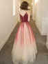 Lovely Pink Gradient Velvet Top Long Evening Dress, A-line Pink Tulle Prom Dress Party Dress