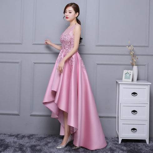Beautiful Pink High Low Satin and Lace Homecoming Dress, Cute Short Prom Dress