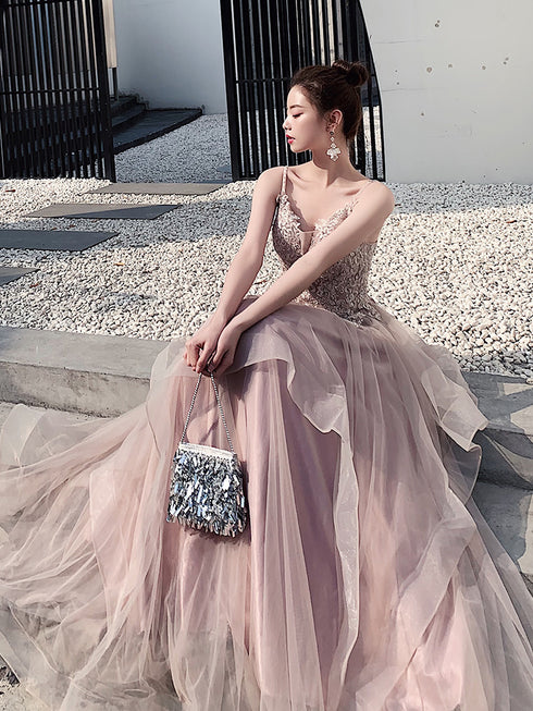 Pink Layers Tulle V-neckline Straps Prom Dress, Pink Tulle Prom Dress