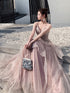 Pink Layers Tulle V-neckline Straps Prom Dress, Pink Tulle Prom Dress
