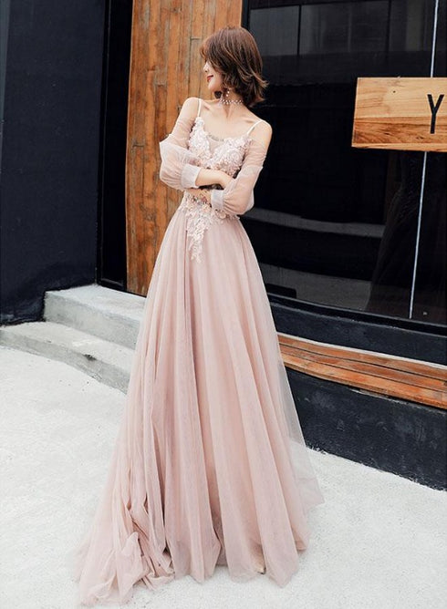 Light Pink Long Sleeves Tulle Formal Dress, Pink A-line Prom Dress Evening Gown