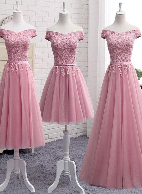 Beautiful Pink Tulle Long Party Dress , Cute Off Shoulder Bridesmaid Dresses