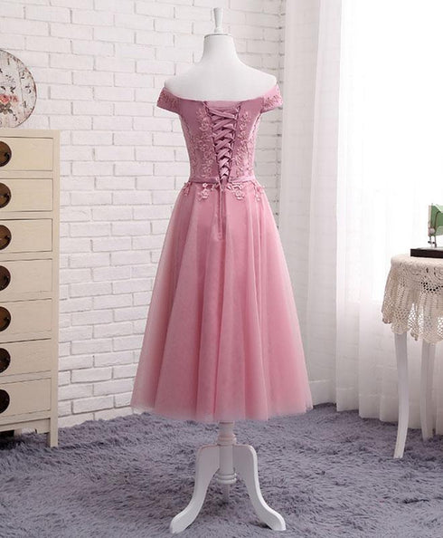 Beautiful Pink Tulle Long Party Dress , Cute Off Shoulder Bridesmaid Dresses