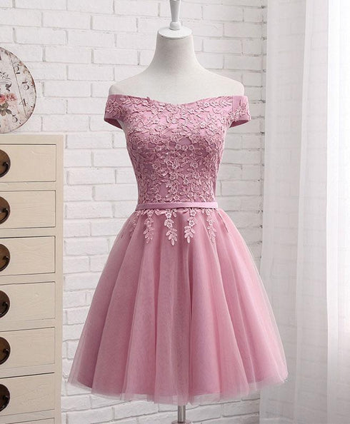 Beautiful Pink Tulle Long Party Dress , Cute Off Shoulder Bridesmaid Dresses