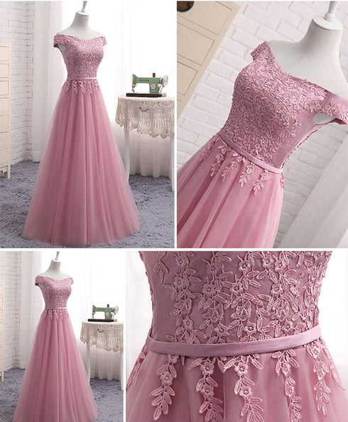 Beautiful Pink Tulle Long Party Dress , Cute Off Shoulder Bridesmaid Dresses