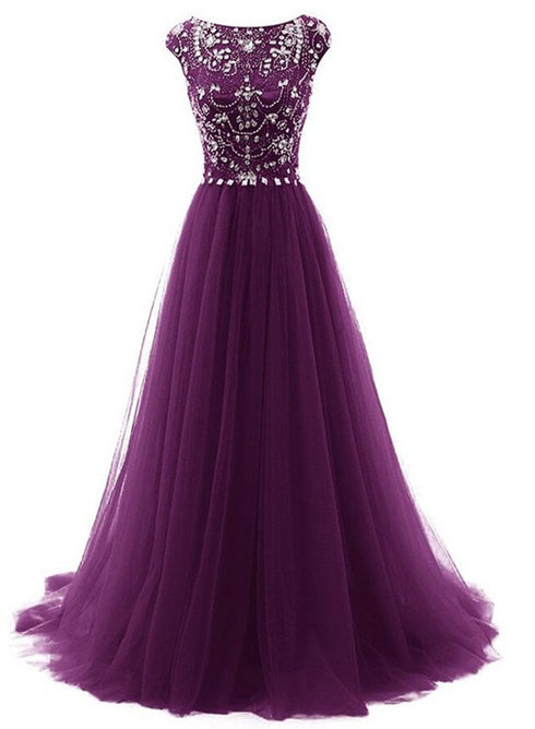 Beautiful Beaded Tulle Long Party Gown, Tulle Cap Sleeves Formal Dresses