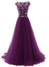 Beautiful Beaded Tulle Long Party Gown, Tulle Cap Sleeves Formal Dresses