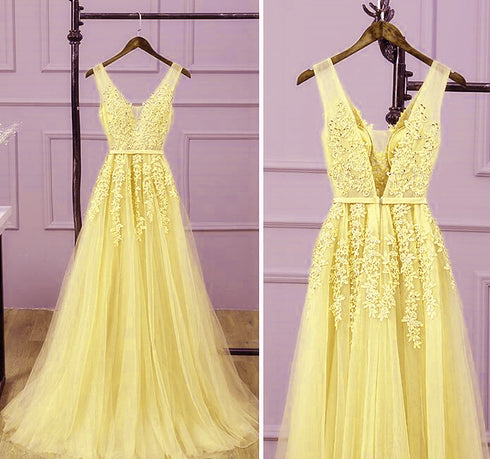 Beautiful Light Yellow Tulle Long Party Dress, A-line Prom Dress Evening Gowns