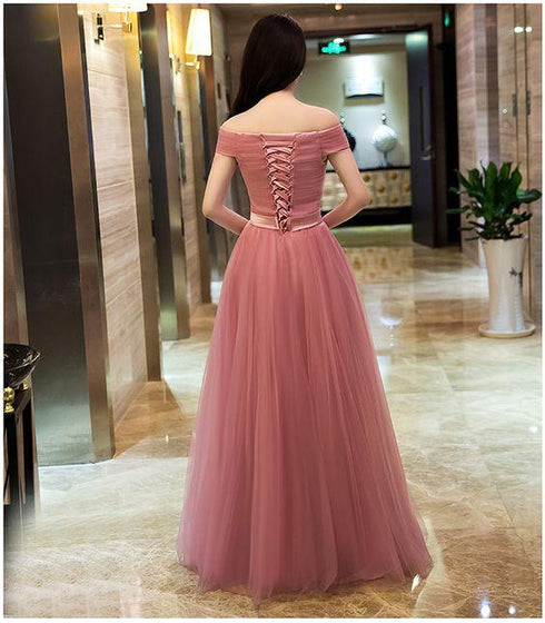 Beautiful Off Shoulder Pink Floor Length Junior Party Dress , Pink Bridesmaid Dresses