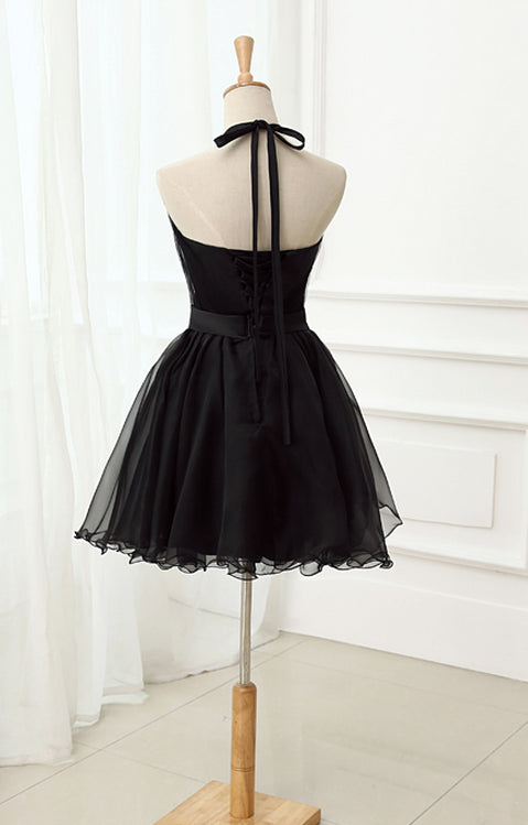 Cute Black Tulle Halter Short Homecoming Dress, Black Prom Dress