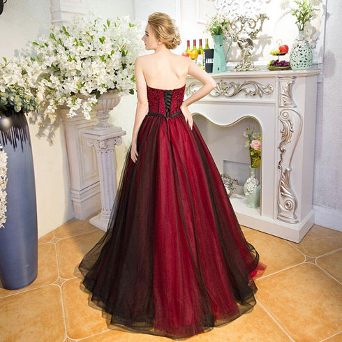 Red and Black Scoop Tulle Long Party Dress with Beadings, Long Tulle A-line Formal Dress