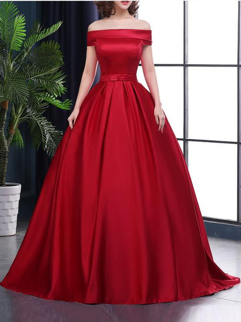 Beautiful Red Off Shoulder Satin Junior Prom Dress, Sweet Red Formal Gown