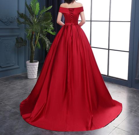 Beautiful Red Off Shoulder Satin Junior Prom Dress, Sweet Red Formal Gown