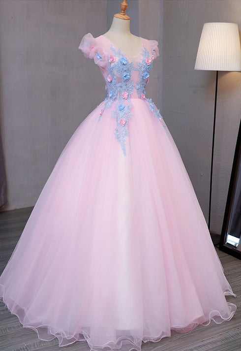 Lovely Pink Sweetheart Party Gown with Blue Lace, Pink Quinceanera Dress