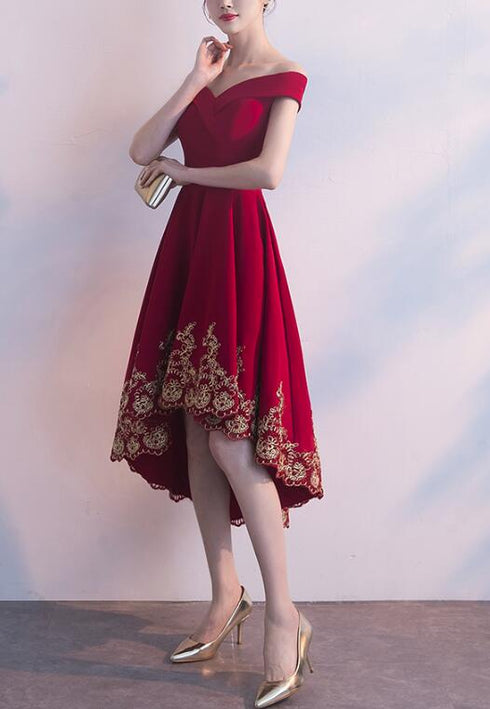 Lovely Dark Red High Low Bridesmaid Dress, Short Prom Dress