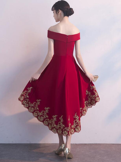Red High Low Party Dress with Gold Applique, Stylish Formal Dress, Cute Party Dress