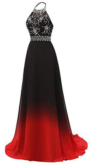 Red and Black Halter Beaded Chiffon Party Dress, A-line Gradient Evening Dress