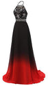 Red and Black Halter Beaded Chiffon Party Dress, A-line Gradient Evening Dress
