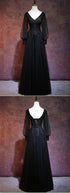 Beautiful Black Long Sleeves V-neckline Evening Dress, Black Prom Dress