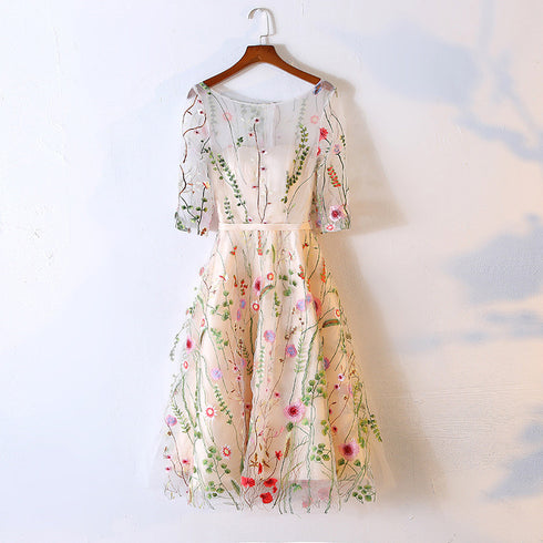Light Champagne Knee Length Floral Party Dress, Cute Homecoming Dress