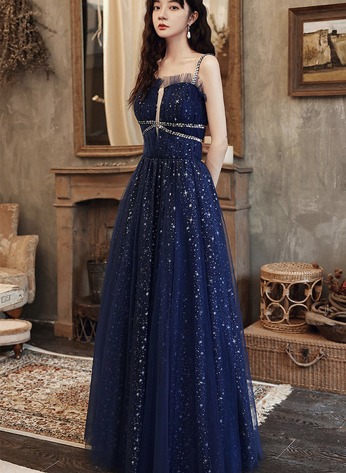 Navy Blue Tulle Straps Beaded Long Formal Dress, A-line Blue Evening Dress
