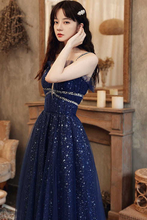 Navy Blue Tulle Straps Beaded Long Formal Dress, A-line Blue Evening Dress