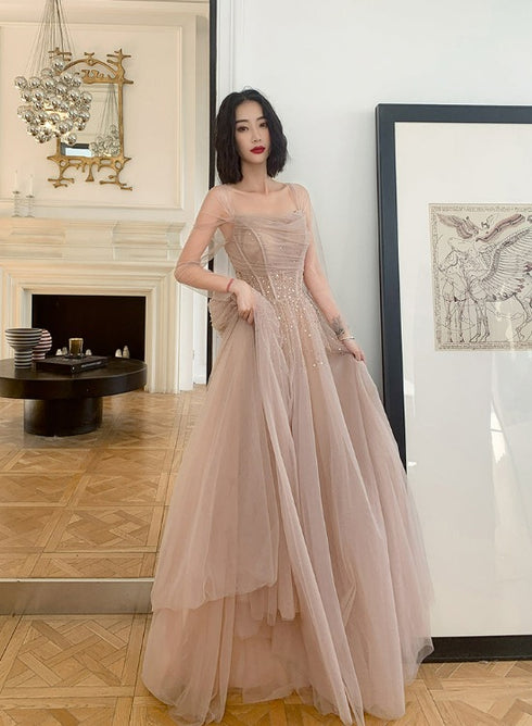 Beautiful Tulle Beaded Long Sleeves Prom Dresses, A-line Champagne Evening Gown