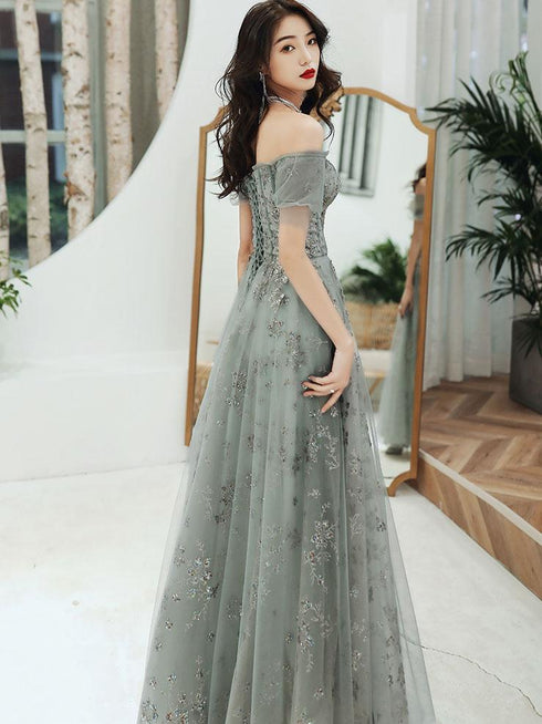 Beautiful Off Shoulder Tulle Sweetheart Lace Long Evening Dress, A-line Junior Prom Dresses