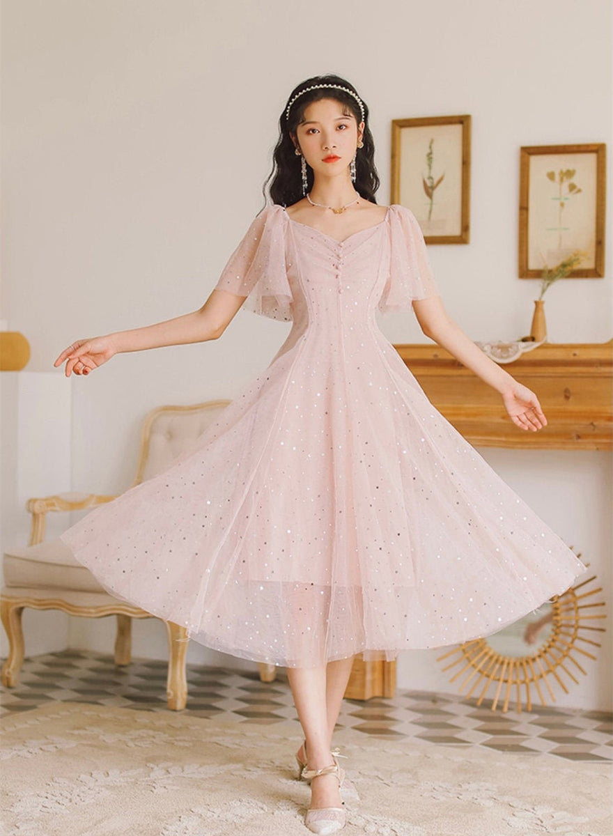 Lovely Pink Tulle V-neckline Puffy Sleeves Party Dress, Pink Short Prom Dress US size 6 / Pink