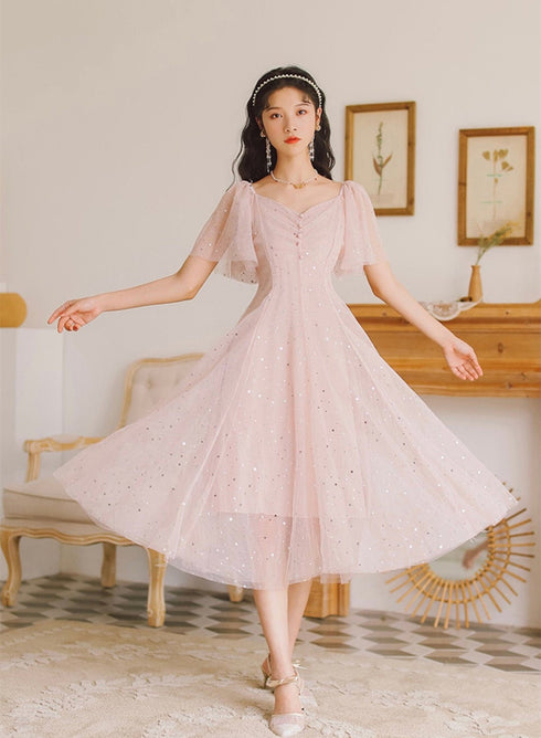 Lovely Pink Tulle V-neckline Puffy Sleeves Party Dress, Pink Short Prom Dress