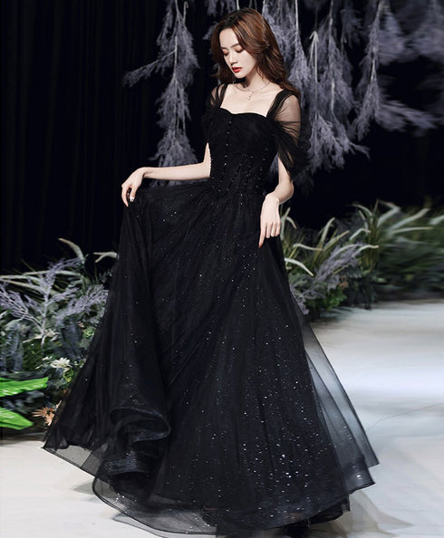 Black Off Shoulder Tulle Long Party Dress Prom Dress, Black Beaded Evening Dresses