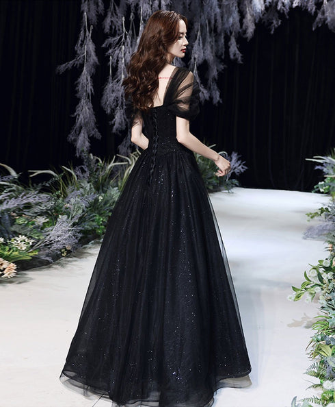 Black Off Shoulder Tulle Long Party Dress Prom Dress, Black Beaded Evening Dresses