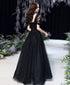 Black Off Shoulder Tulle Long Party Dress Prom Dress, Black Beaded Evening Dresses